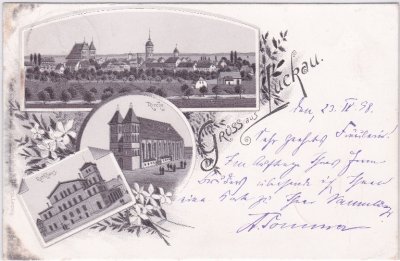 15926 Luckau, u.a. Rathaus, Kirche, Litho, ca. 1895