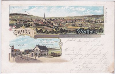 33824 Werther (Westfalen), u.a. Langestraße, Farblitho, ca. 1900 