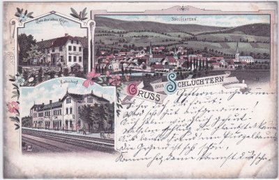 36381 Schlüchtern, u.a. Bahnhof, Farblitho, ca. 1895 