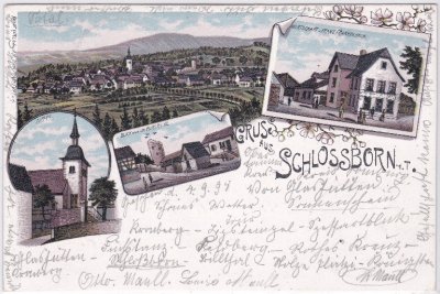 61479 Schloßborn im Taunus, u.a. Gasthof, Farblitho, ca. 1895 