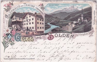Sölden in Tirol, Gasthaus zur Traube, Farblitho, ca. 1895 