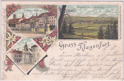 Klagenfurt, u.a. Lindwurm, Farblitho, ca. 1895 