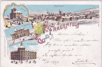 Frauenfeld, u.a. Postgebäude, Winterlitho, ca. 1895 