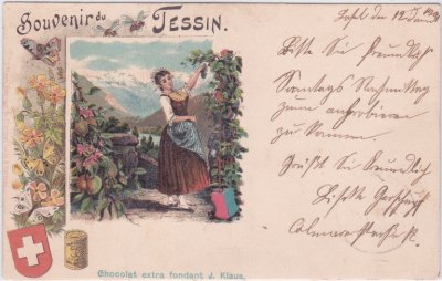 Tessin (Ticino), Chocolat extra fondant J. Klaus, Farblitho, ca. 1900 