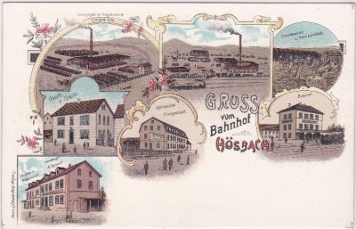 63768 Hösbach, Gruss vom Bahnhof, Farblitho, ca. 1900