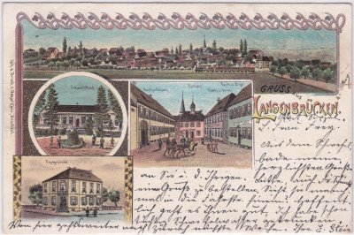 76669 Langenbrücken (Bad Schönborn), u.a. Post, Farblitho, ca. 1900 