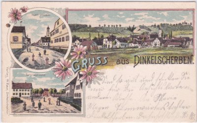 86424 Dinkelscherben, u.a. Bahnhofstraße, Farblitho, ca. 1895 