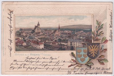 Krems an der Donau, Präge-Farblitho mit Wappen, ca. 1900 