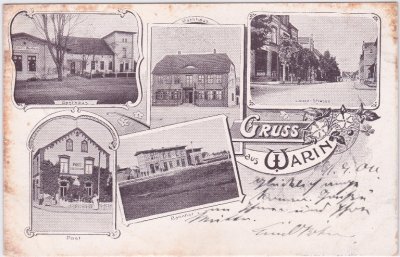 19417 Warin in Mecklenburg, u.a. Bahnhof, Litho, ca. 1900 