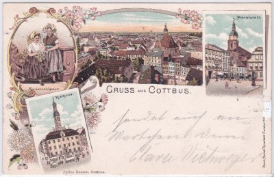03046 Cottbus, u.a. Rathaus, Farblitho, ca. 1895 