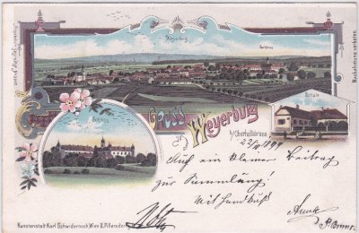 Weyerburg bei Hollabrunn, u.a. Schule, Farblitho, ca. 1895 