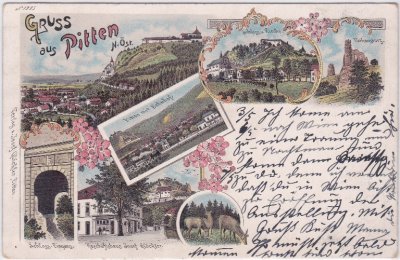 Pitten (Niederösterreich), u.a. Bahnhof, Farblitho, ca. 1895 