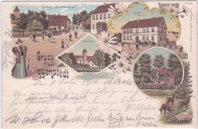 39164 Eggenstedt (Wanzleben), u.a. Gasthof Meier, Farblitho, ca. 1900 
