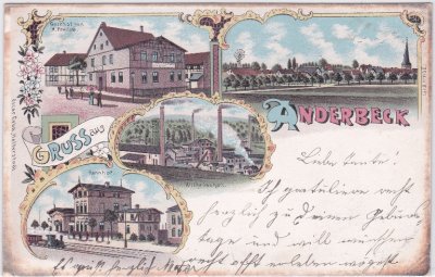 38836 Anderbeck (Huy), u.a. Bahnhof, Farblitho, ca. 1900