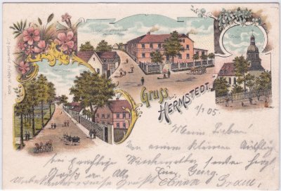 99510 Hermstedt (Saaleplatte), u.a. Gasthaus, Farblitho, ca. 1900 