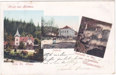 Kiritein (Krtiny), u.a. Schule, Farblitho, ca. 1900 