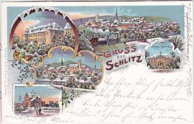 36110 Schlitz in Oberhessen u.a. Bahnhof, Winter-Farblitho, ca. 1900 