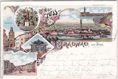 Braunau am Inn, u.a. Stadtplatz, Farblitho, ca. 1895 