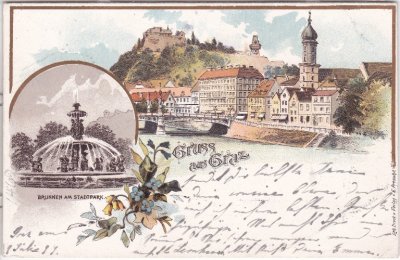 Graz, Brunnen am Stadtpark, Farblitho, ca. 1895 