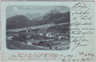 Mieders im Stubaital (Tirol), Mondschein-Karte, ca. 1895