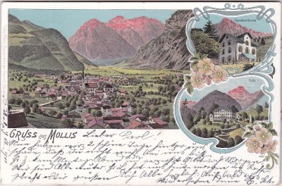 Mollis (Glarus), u.a. Ferienheim Kennel, Farblitho, ca. 1900