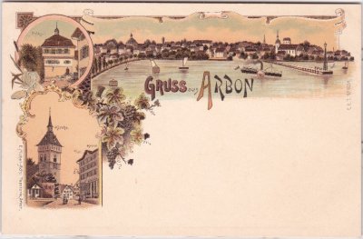 Arbon, u.a. Post, Rathaus, Farblitho, ca. 1900 