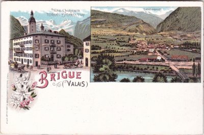 Brigue (Brig), Wallis, Hotel Robert Zufferey, Farblitho, ca. 1900 