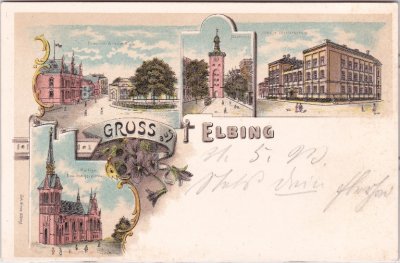 Elbing (Elbląg), u.a. Schule, Farblitho, ca. 1900 
