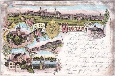 04808 Wurzen, u.a. Rathaus, Farblitho, ca. 1895 