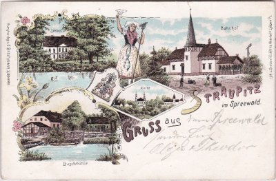 15913 Straupitz (Spreewald), u.a. Bahnhof, Farblitho, ca. 1900 