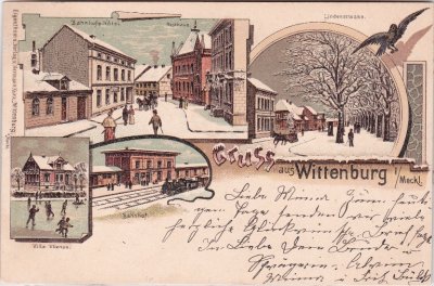 19243 Wittenburg, u.a. Bahnhof, Winterlitho, Farblitho, ca. 1900 