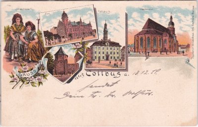 03046 Cottbus, u.a. Post, Farblitho, ca. 1900