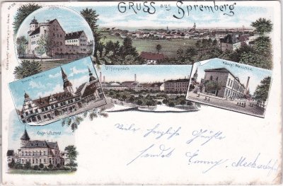 03130 Spremberg, u.a. Webschule, Farblitho, ca. 1900