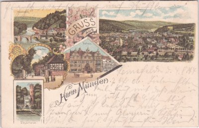 34346 Hann. Münden, u.a. Rathaus, Farblitho, ca. 1900 