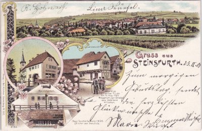 74889 Steinsfurt (Sinsheim), u.a. Reisbrunnen, Farblitho, ca. 1895 