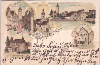 97357 Prichsenstadt, u.a. Spitalgasse, Farblitho, ca. 1900 