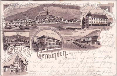97737 Gemünden am Main, u.a. Bahnhof, Litho, ca. 1900 