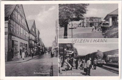 29525 Uelzen, u.a. Bahnhof, Bahnsteig mit Eisenbahn, ca. 1950
