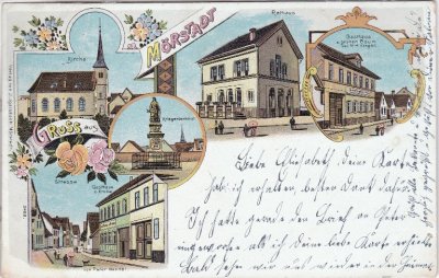 67591 Mörstadt, u.a. Gasthaus, Farblitho, ca. 1900