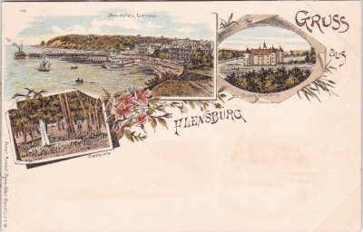24937 Flensburg, u.a. Logierhaus, Strandhotel, Farblitho, ca. 1900