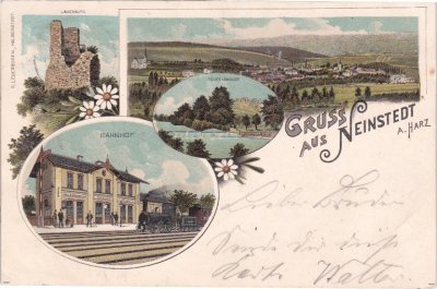 06502 Neinstedt am Harz (Thale), u.a. Bahnhof, Farblitho, ca. 1900