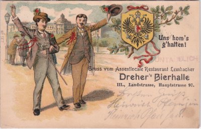 Wien-Landstraße, Dreher's Bierhalle, Farblitho, ca. 1900
