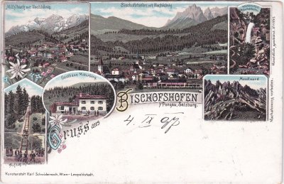 Bischofshofen, u.a. Gasthaus Mitterberg, Farblitho, ca. 1895 