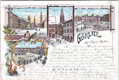 02826 Görlitz, u.a. Postplatz, Winterlitho, Farblitho, ca. 1900