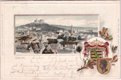 96450 Coburg, Wappen-Präge-Litho, ca. 1900