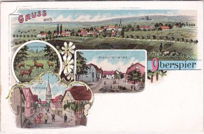 99706 Oberspier (Sondershausen), u.a. Kirchstrasse, Farblitho, ca. 1900