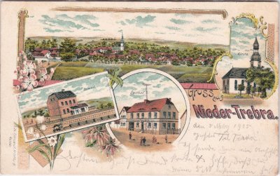 99718 Nieder-Trebra (Trebra), u.a. Bahnhof, Farblitho, ca. 1900