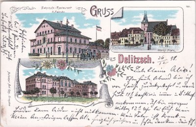 04509 Delitzsch, u.a. Bahnhofs-Restaurant, Farblitho, ca. 1895