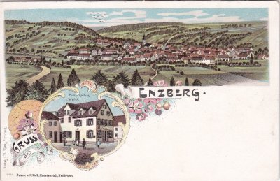 75417 Enzberg (Mühlacker), u.a. Post, Farblitho, ca. 1900