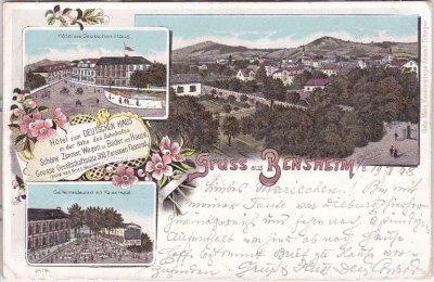 64625 Bensheim, u.a. Hotel Zum Deutschen Haus, Farblitho, ca. 1895